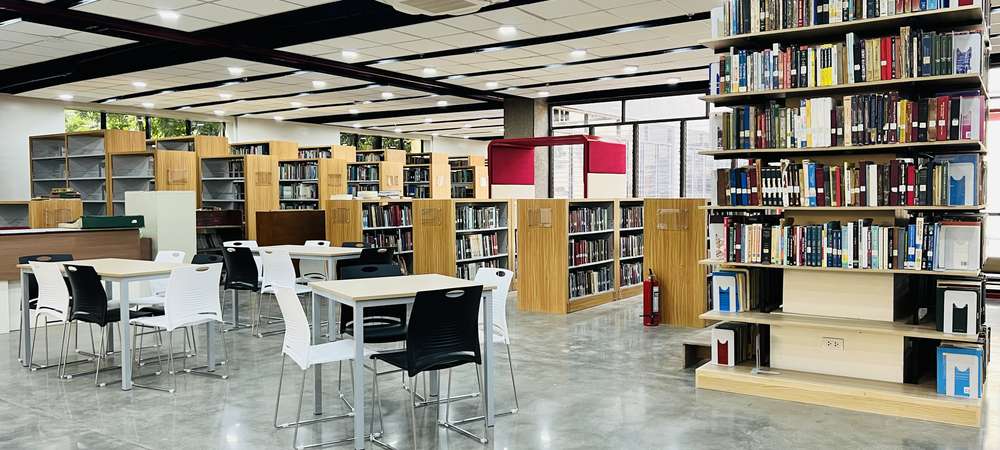 Academic library with open stacks and study areas