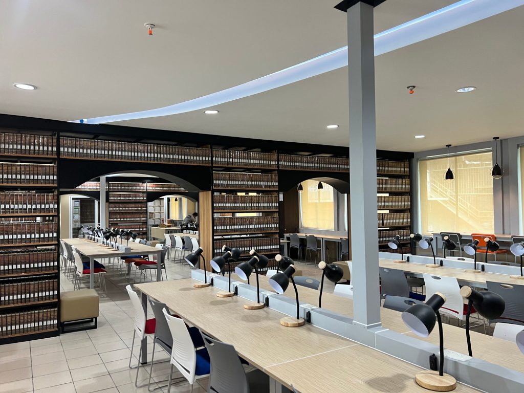Open stacks and arched reading bays lined with books