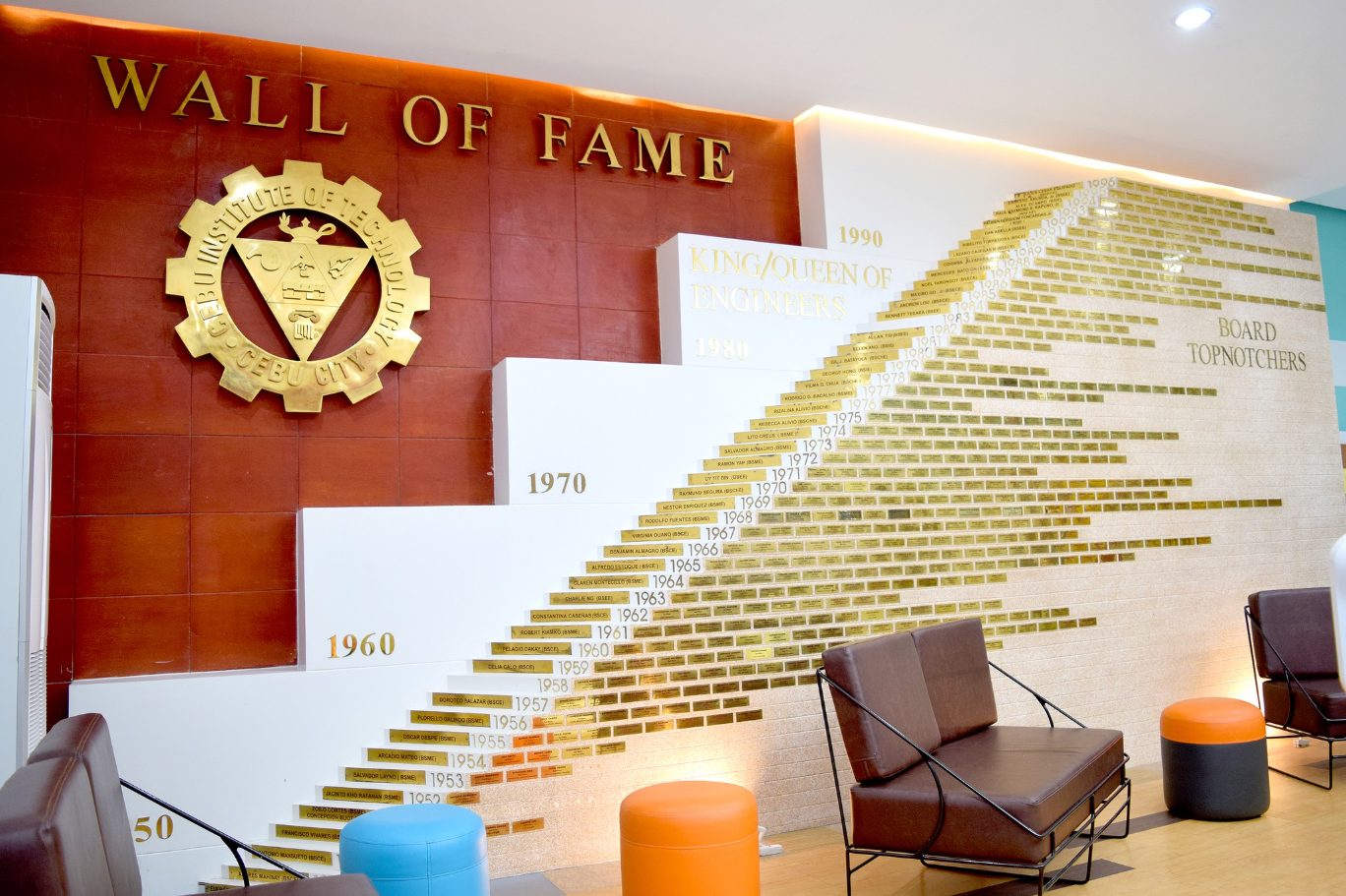 Wall of Fame with a golden timeline staircase on a red feature wall